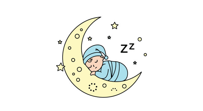 Adorable baby wearing a blue sleeping cap sleeps peacefully on a large yellow crescent moon surrounded by twinkling stars and dots.