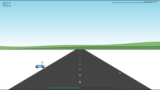Convoy driving through landscape, vehicles moving, aerial view