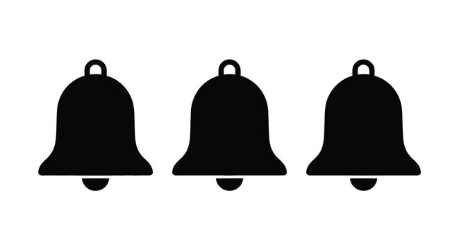 Three colored bell silhouettes against a white background showcasing red green and black tones silhouette bells ringing sound