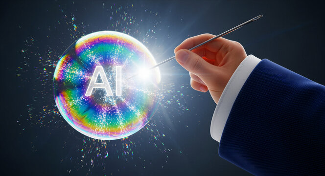 Businessman popping an AI soap bubble with a needle. Conceptual image representing the bursting of the artificial intelligence hype bubble. Ideal for market volatility and tech economic analysis.