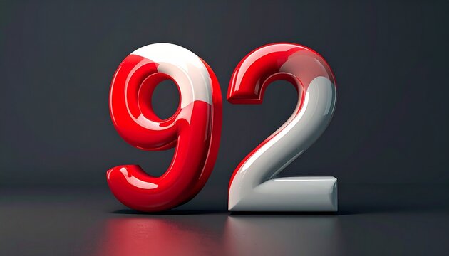 Minimalist 3D number 92, bold modern typography, red to white gradient, glossy finish, soft shadow, dark background