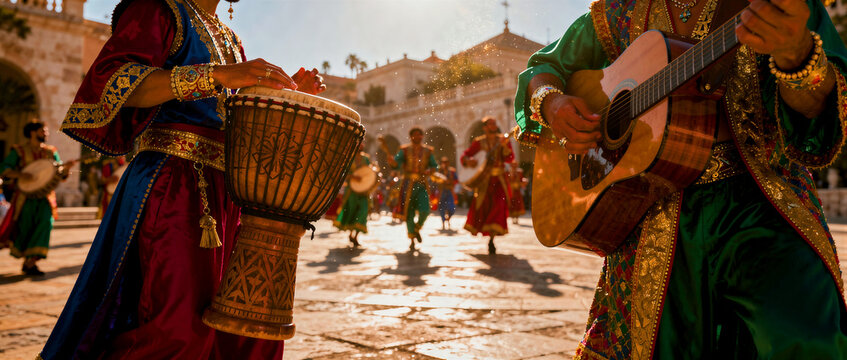 Musicians in colorful traditional costumes play djembe and guitar in a sunny plaza. Performers celebrate heritage during a vibrant cultural festival. Global diversity and folk music concept.