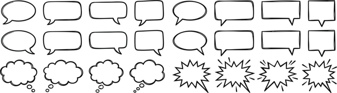  Hand Drawn Blank Comic Speech Bubbles Thought Clouds and Burst Shapes Set