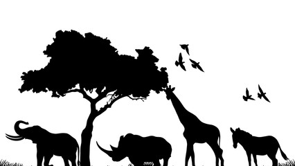 African safari wildlife silhouette scene with elephant rhino giraffe and birds isolated on transparent background design © mrzn