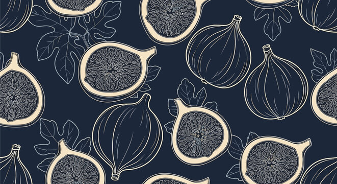 Detailed seamless vector pattern featuring hand drawn figs and leaves in an elegant cream and dark blue color scheme for food packaging.