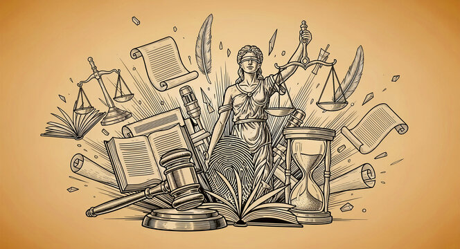 Lady Justice with scales, gavel, and books. Vintage engraving featuring scrolls and hourglass. Legal concept for law firm branding.