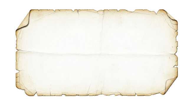 Aged parchment paper with burnt edges and creases isolated on transparent background