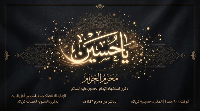 Islamic Muharram banner with golden Arabic calligraphy, Ya Hussain religious poster on black silk background, elegant Ashura mourning design
