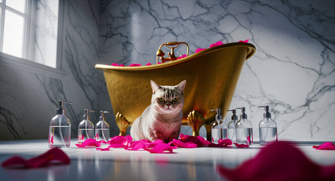 Grumpy gray cat sitting in luxury bathroom by a gold bathtub. Pink rose petals and glass dispensers surround the pet in a marble room. Luxury pet spa concept for animal care marketing.
