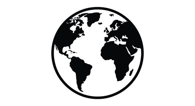 A black silhouette of planet earth with continental outlines against a white background silhouette globe world geography minimalist