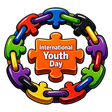 Vibrant puzzle chain encircling international youth day text conveying unity collaboration and diversity among young people celebrating global connections.