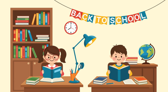 Young girl and boy sit at their school desks focused on reading books in a cozy classroom decorated with a back to school banner.
