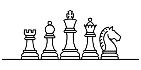 Set of black and white chess pieces icons showing king queen knight bishop and rook for strategy and game design © Tumpa