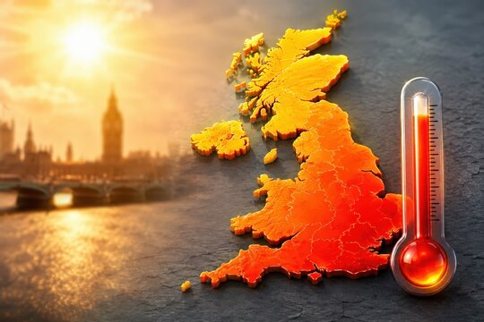 UK Heatwave Climate Change Concept with Thermometer and London Skyline Background