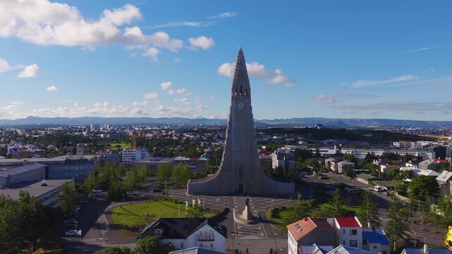 Beautiful aerial view of Reykjavik, Iceland on a sunny summer day. Panoramic view of Reykjavik