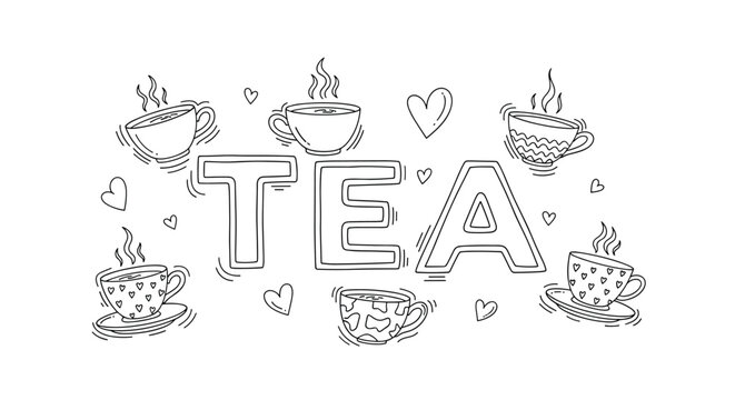 Hand-drawn tea-themed illustration featuring the word tea surrounded by various patterned cups and cute heart symbols.