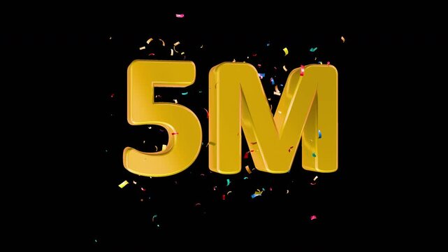 Golden 5M Followers Celebration 3D Text with Falling Confetti glitter and flying. Five Million followers,