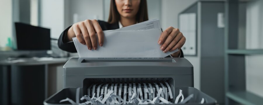 Secretary shredding documents in an office, processing sensitive information for data protection. File destruction concept for banner or poster with copy space.	
