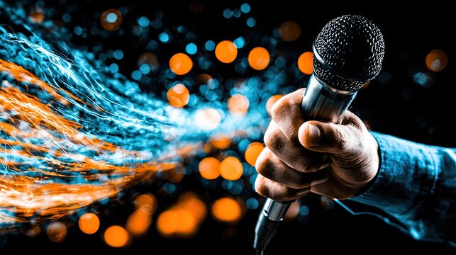 Dynamic energy streams emanate from a microphone held by a hand