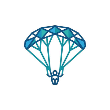 Blue geometric parachute skydiver icon on white background.