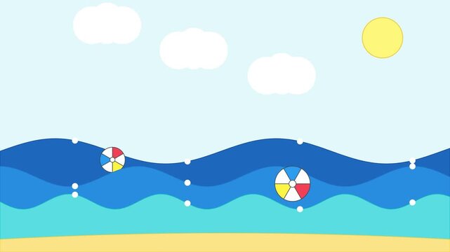 Floating Geometric Waves and Colorful Beach Balloons in a Minimalist Abstract Motion Background