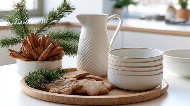 Holiday baking setup with gingerbread cookies and cinnamon sticks