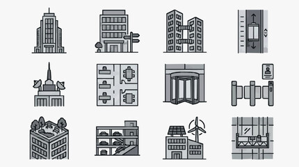 Fototapeta premium Corporate Urban Infrastructure Icons Showcasing Modern Buildings Offices Elevators and Sustainable Energy Solutions in Monochrome