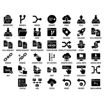 A comprehensive set of black and white vector icons illustrating various Git version control operations and development workflow concepts.