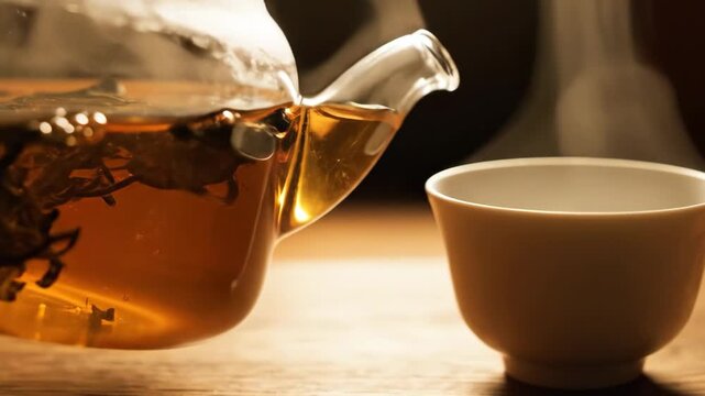 Video of tea brewing process with dry leaves in a glass teapot and hot amber tea pouring into a ceramic cup in warm cozy light