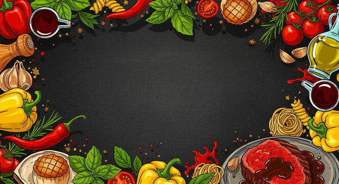 Fresh ingredients and cooked food framing a dark chalkboard background. Colorful illustration features peppers, garlic, basil, and pasta in a comic style. Ideal for restaurant menu designs.