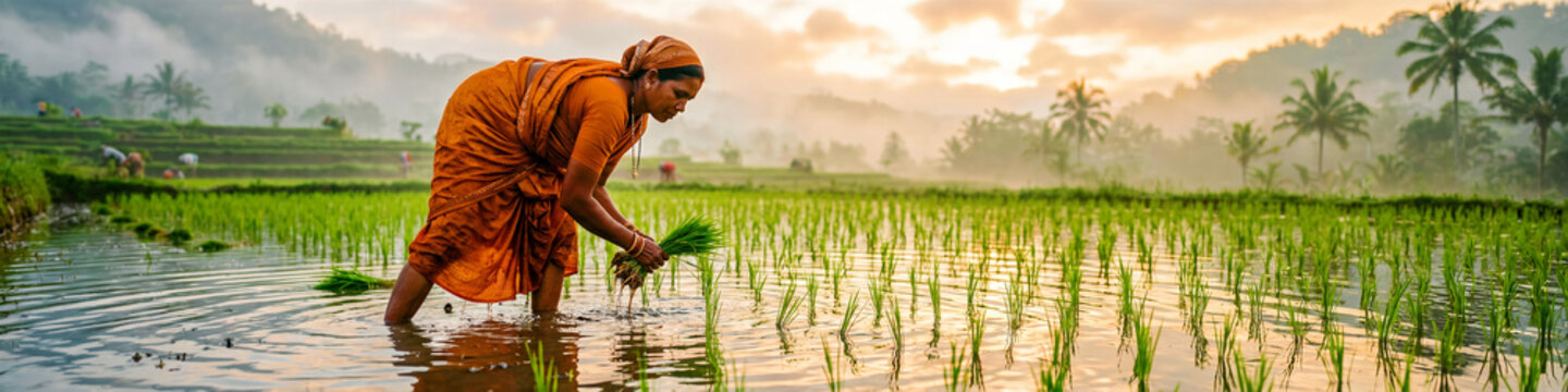 Woman planting rice seedlings in a flooded paddy field. Farmer working at sunrise in a lush tropical landscape. Sustainable agriculture and hard work concept, ideal for global food security campaigns.