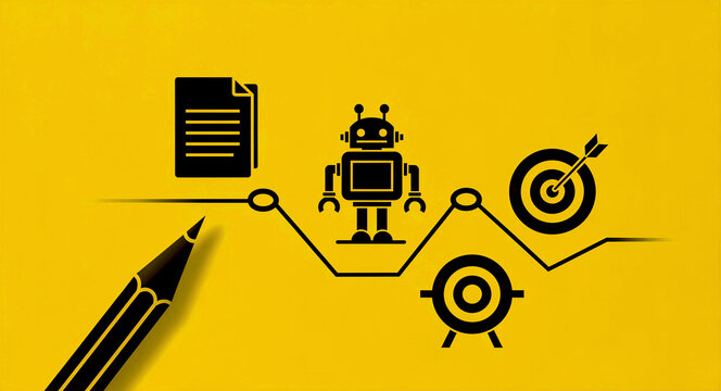 Robot icon between document and target symbols on yellow background. Minimalist graphic showing automated content writing and performance tracking. AI automation and content strategy concept.