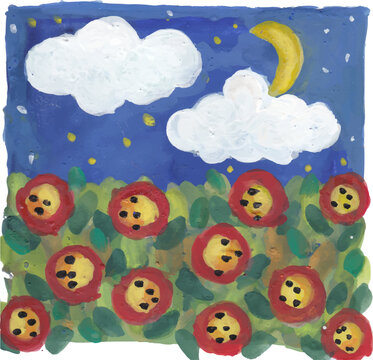 Nighttime Garden with Flowers and Crescent Moon Illustration