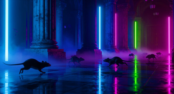 Rats running through a neon-lit hall with stone columns. Rodents scurrying across a reflective floor amidst colorful lights and fog. Cyberpunk dystopian theme for sci-fi and urban horror concepts.