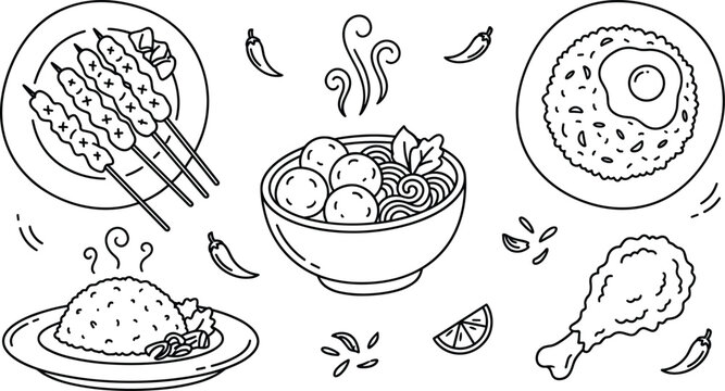Indonesian food line art vector set with satay meat skewers bakso meatball soup fried rice nasi goreng and crispy chicken leg