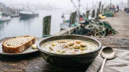Creamy New England Clam Chowder with Oyster Crackers Served in Rustic Harbor Setting © olindana
