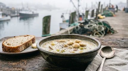Creamy New England Clam Chowder with Oyster Crackers Served in Rustic Harbor Setting © olindana