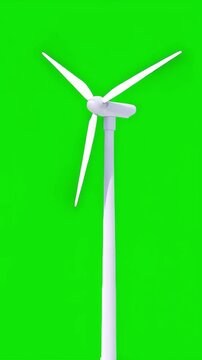 Modern white wind turbine spinning on an empty green screen background, vertical video featuring clean renewable energy for chroma key compositing and sustainability projects