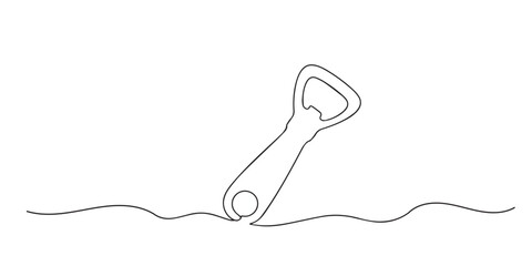 Single line abstract bottle opener. Continuous line drawing of handheld bottle opener for removing caps. Kitchen accessory theme. Minimal artistic style. One line vector illustration. © bakul garis