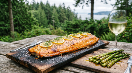 Pacific Northwest Cedar Plank Salmon with Asparagus Lemon and White Wine Outdoors © olindana