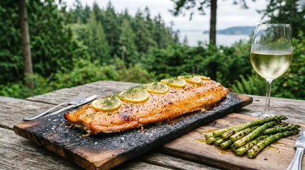 Pacific Northwest Cedar Plank Salmon with Asparagus Lemon and White Wine Outdoors © olindana