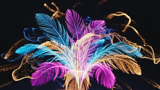 Vibrant multicolored feathers glow brightly against dark background