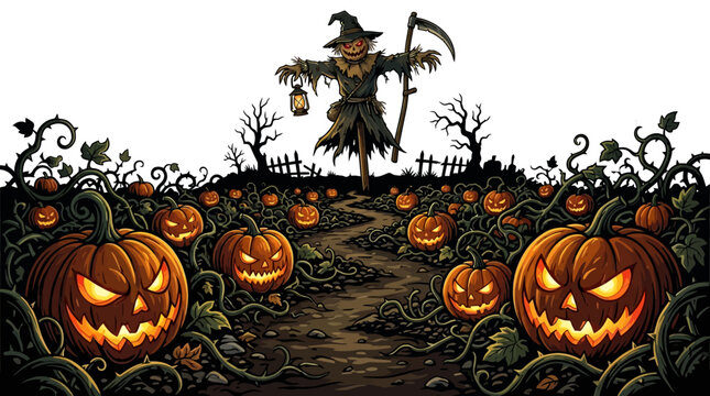 Halloween scene with scarecrow and jack o lanterns in a pumpkin patch