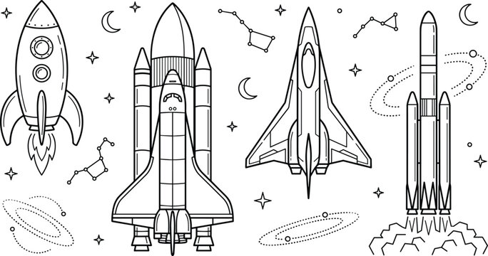 Space rocket and shuttle line art vector set with spaceships jets stars constellations moons and orbits isolated on a white background