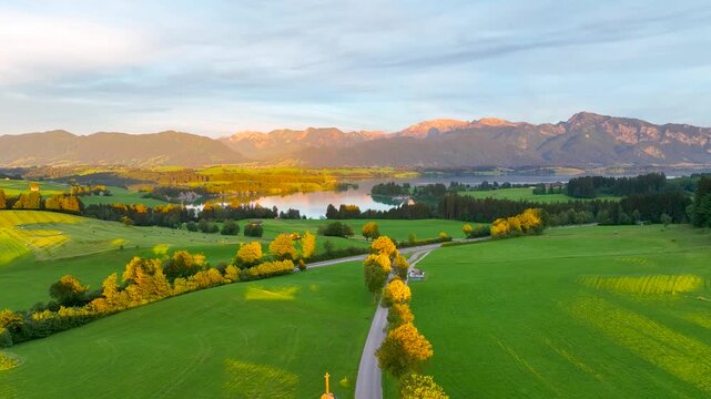 Aerial view of the Lake Forggensee in Alps in the evening, Germany, Europe