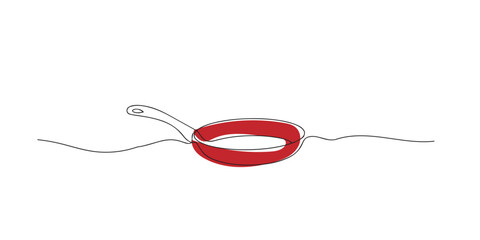 Fototapeta premium Single line abstract frying pan. Continuous line drawing of nonstick skillet for everyday cooking. Kitchen cookware theme. Elegant graphic style. One line vector illustration.
