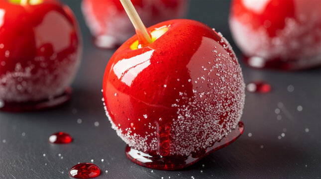 Candy apple covered in a glossy red sugar glaze sits on a dark surface.