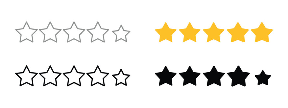 Five Star Rating, review template with feedback symbols and transparent, outline, black, and gold star icons, vector illustration for quality ratings.