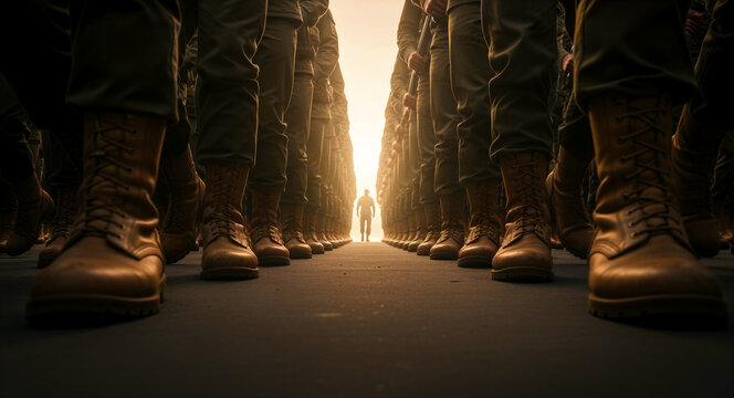 Military boots in formation at ground level. Rows of soldiers with silhouette figure walking toward bright light. Leadership and discipline concept for veteran and patriotic marketing.