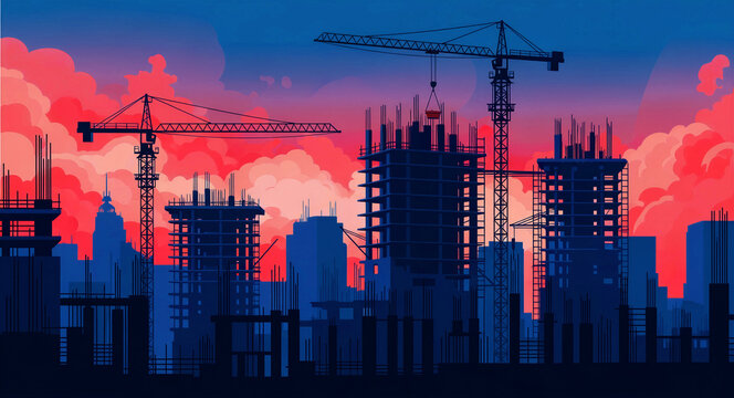 Construction site with tower cranes silhouetted against a vibrant sunset sky. Modern buildings under development in a growing urban city. Civil engineering and urban growth marketing concept.